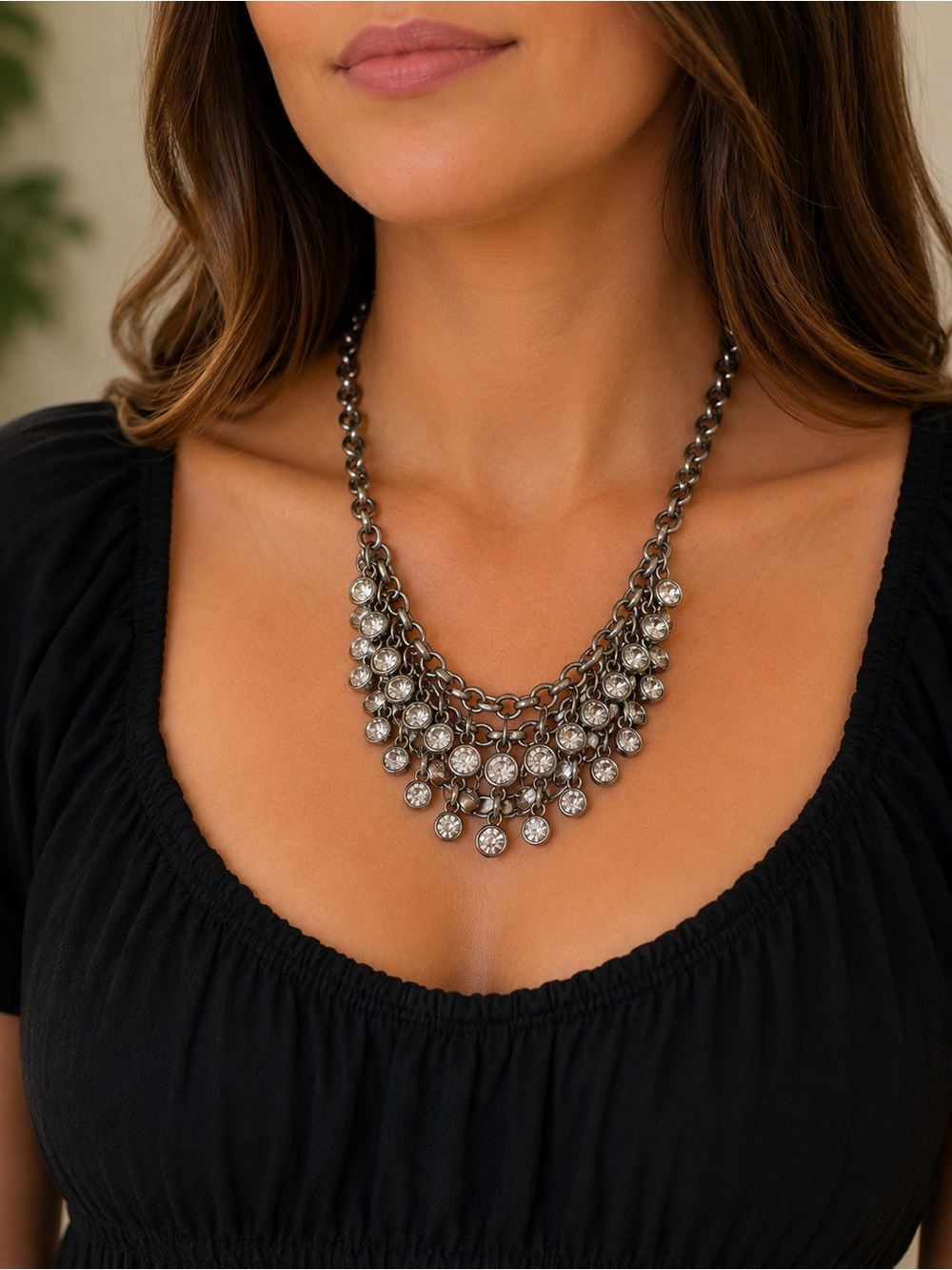 Gunmetal Crystal Statement Bib Necklace - Layered Rhinestone